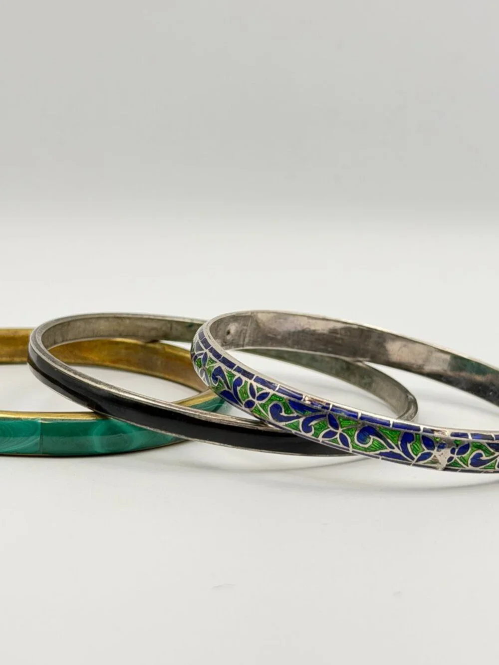 Vintage Mixed Bangle Stack Set Lot of 3 Boho Cloisonne Faux Malachite